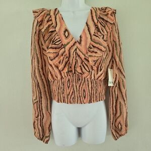 Bar III Top Pink Printed Ruffled Smocked Women Sz L NEW NWT Hippie